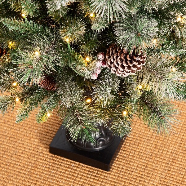 Glitzhome 4ft/5ft/6ft Flocked Pine Christmas Potted Porch Tree With Warm White Lights