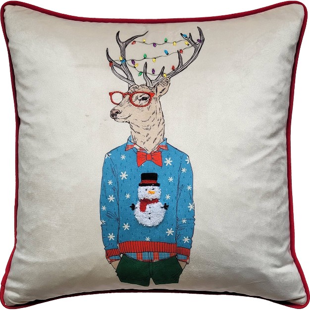 Hipster Reindeer Embroidered Lights Square Throw Pillow Edie home