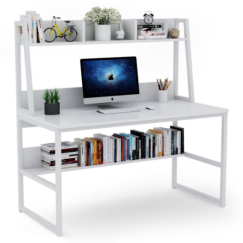 TRIBESIGNS WAY TO ORIGIN Sally 55 in. Rectangular White Metal and Particle Wood Board Top Computer Desk with Monitor Stand and Hutch Bookshelf HD-C0439