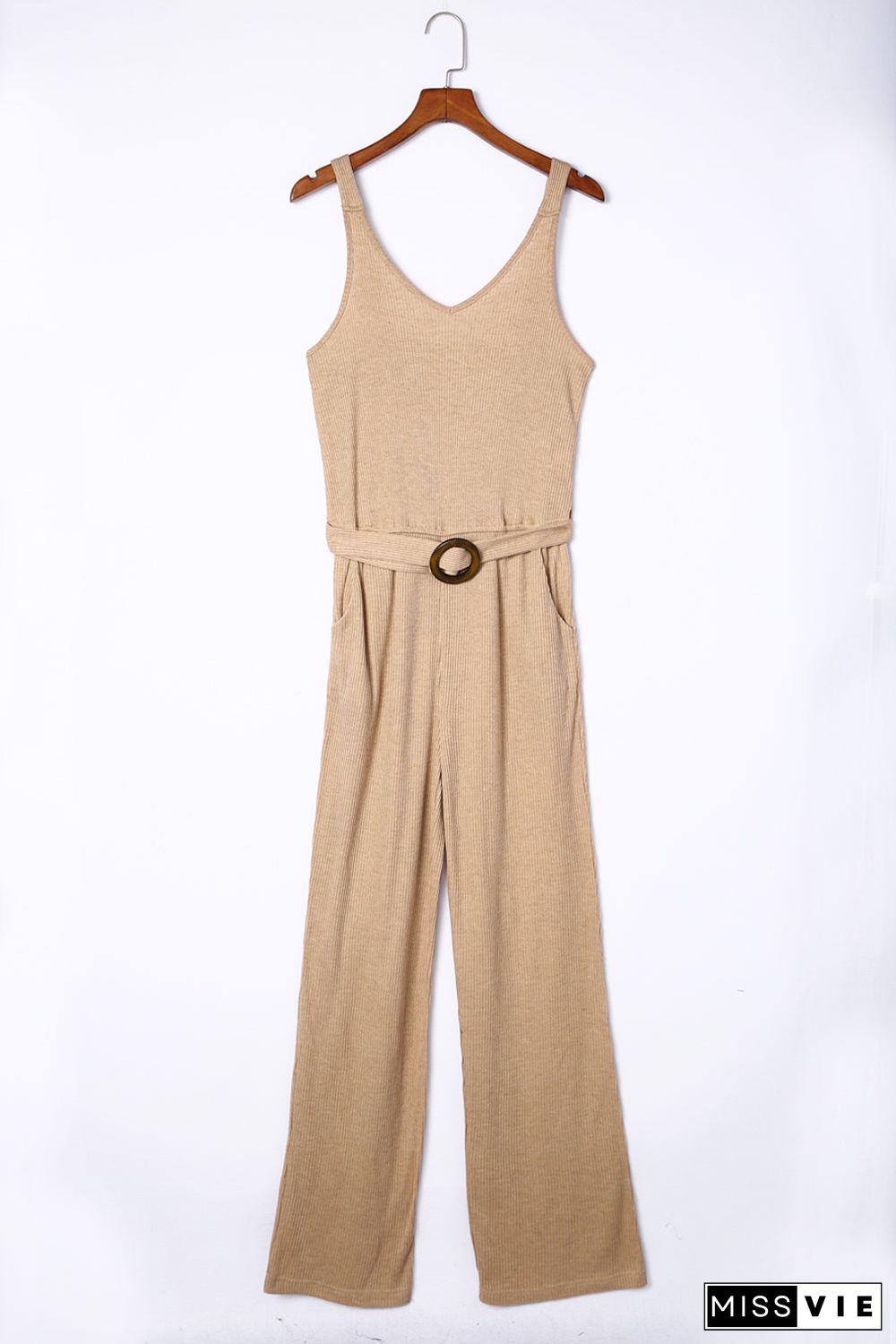 Casual Sleeveless Buckle Sash Knit Jumpsuit