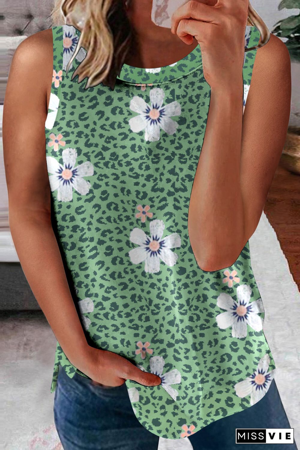 Green Crew Neck Floral Leopard Print Tank Top