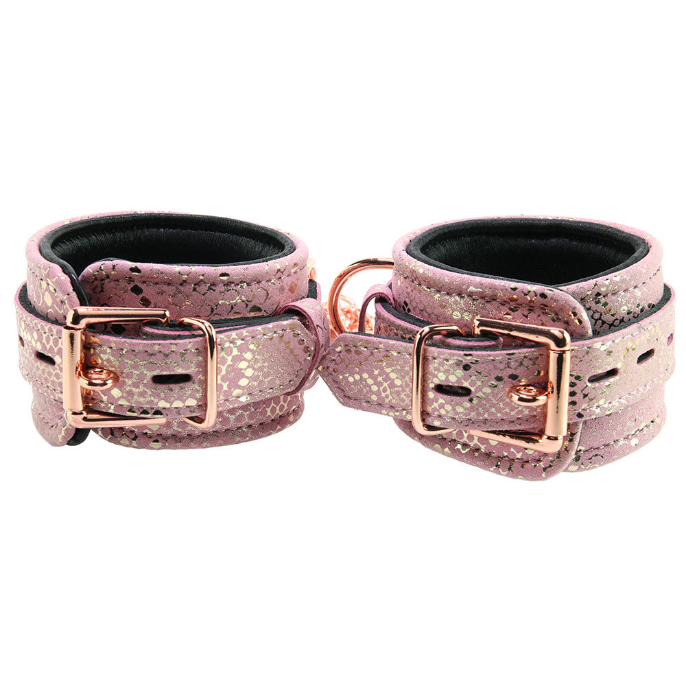 Locking Leather Wrist Restraint Cuffs in Pink Snake Print