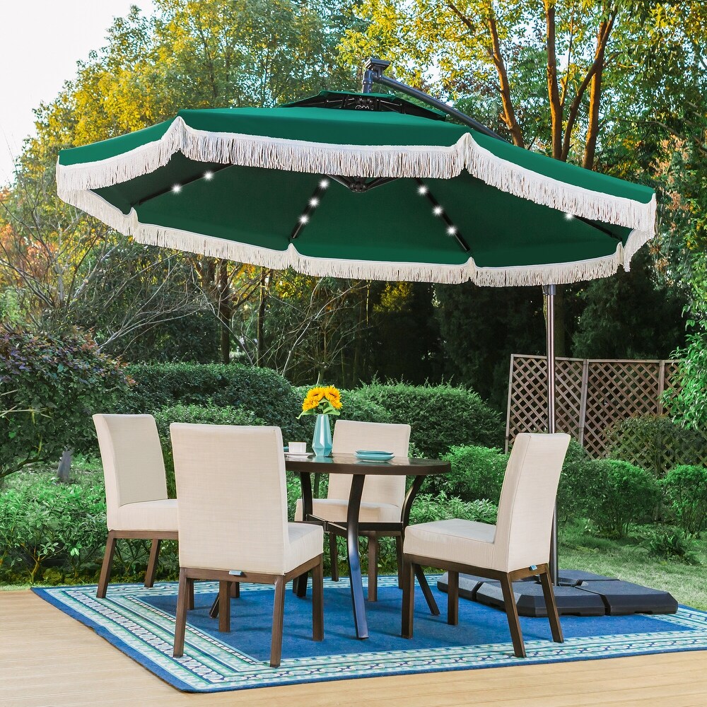 Outdoor 10Ft Double Top Crank Umbrella Patio Cantilever Umbrella with Fringe Tassel and LED Lights