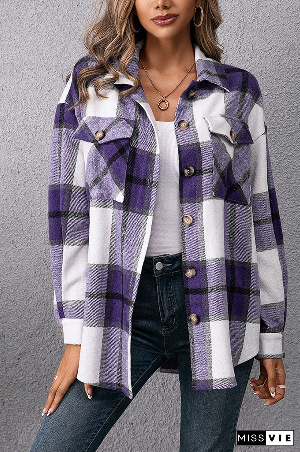 Plaid Double Pockets Turn-down Collar Shacket Jacket Women Wholesale