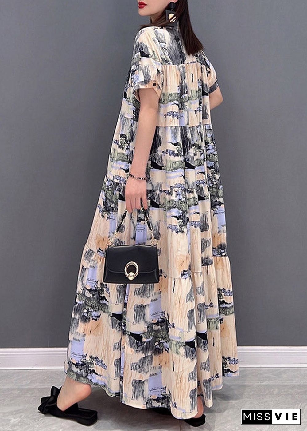 Elegant Stand Collar Button Print Patchwork Wrinkled Chiffon Long Dress Short Sleeve