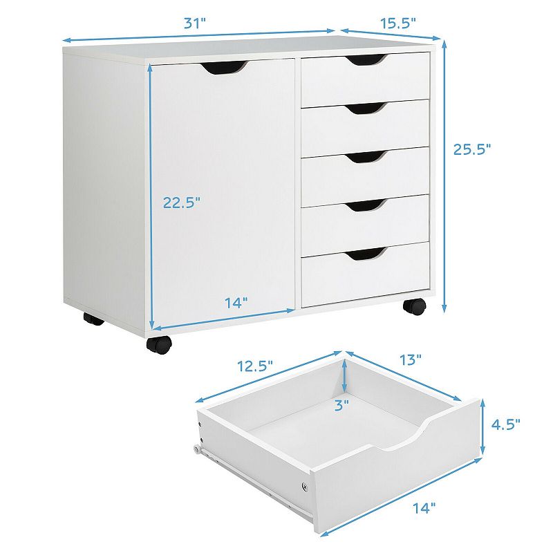 5-Drawer Dresser Chest Mobile Storage Cabinet with Door-White