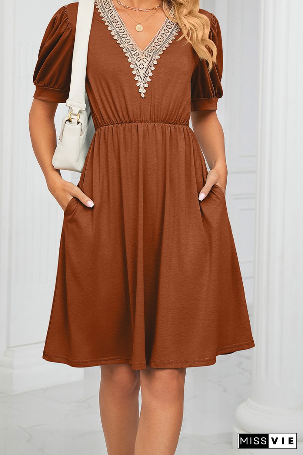 V Neck Lace Edge Pockets T-Shirt Dress