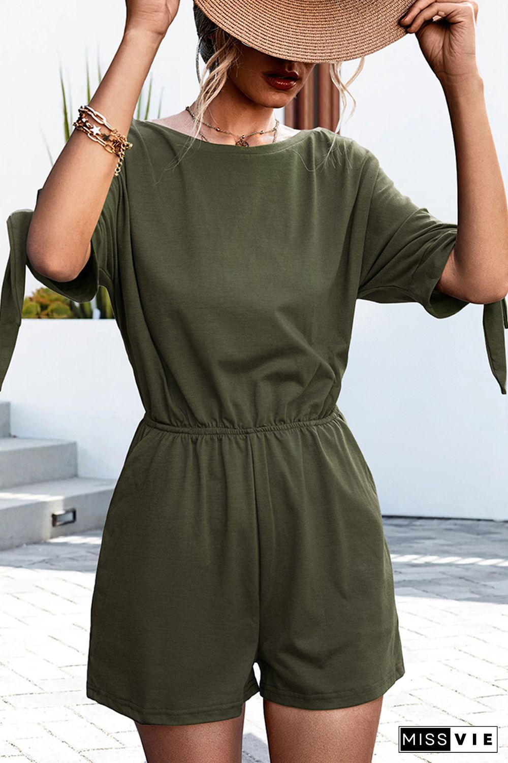 Plain Round Neck Tie Sleeves Drawstring Romper