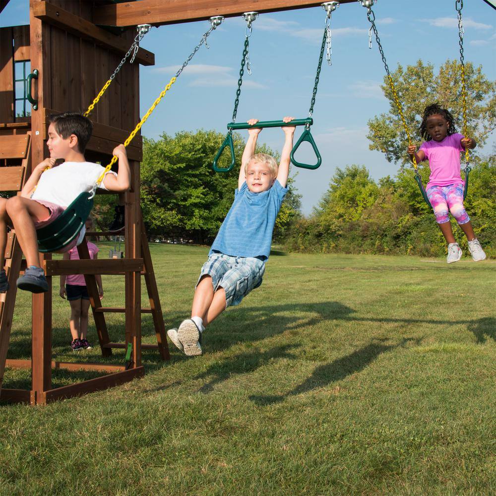 Swing-N-Slide Playsets Castlebrook Ready-To-Assemble Wooden Outdoor Playset with 2 Slides Rock Wall Swings and Swing Set Accessories WS 8355