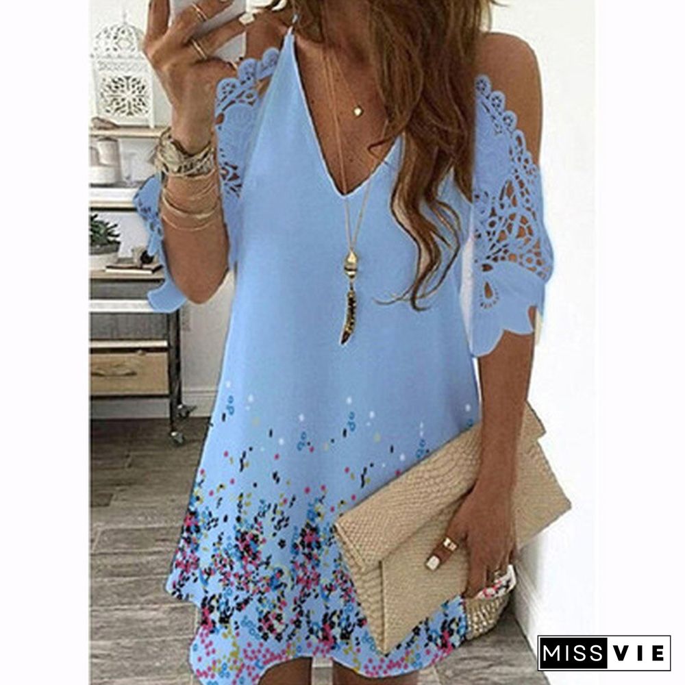 Floral Printed Vintage Dresses for Women Elegant Summer Casual Fashion V-Neck Sexy Off Shoulder Lace Patchwork Party Beach Plus Size Mini Dress Robe Femme Vestidos De Verano