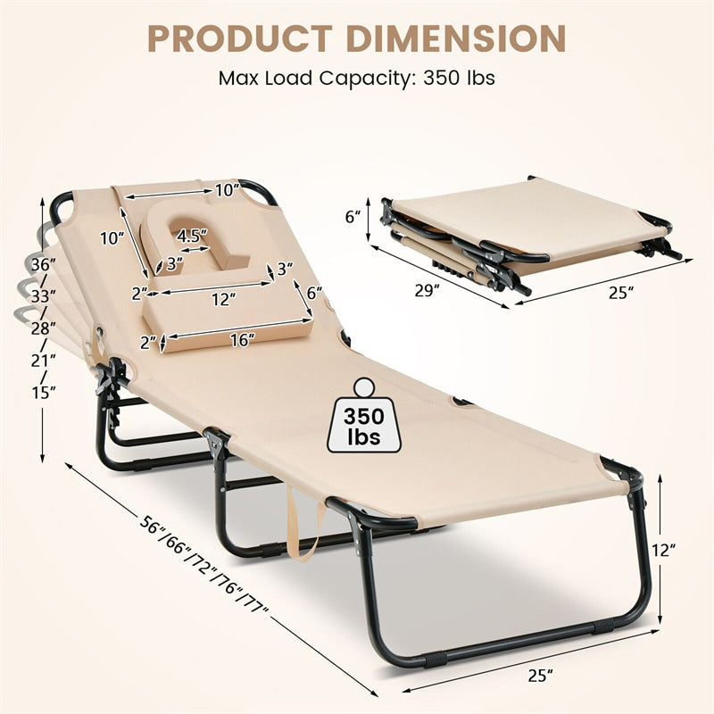 Folding Beach Chaise Lounge Chair 5-Position Adjustable Sunbathing Recliner with Face Hole & Dechatable Pillows