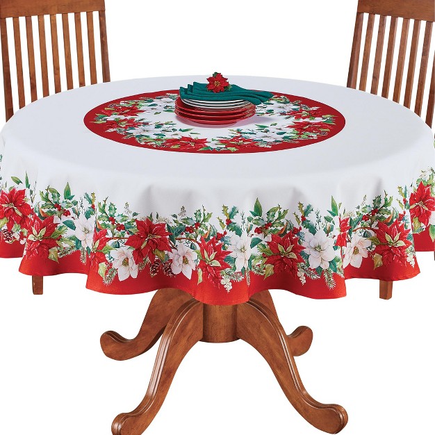 Collections Etc Poinsettia amp Holly Holiday Floral Tablecloth Round