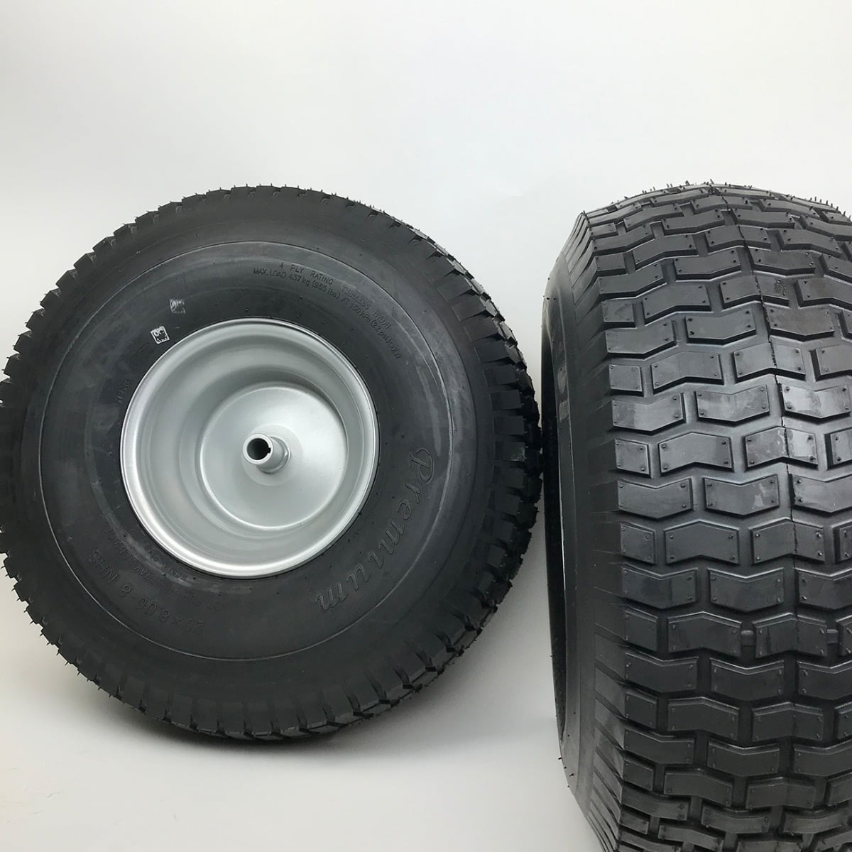 Set of 2 - Silver 20x8.00-8 Lawn Mower Tire and Rim - Fits on 3/4 Inch Axle