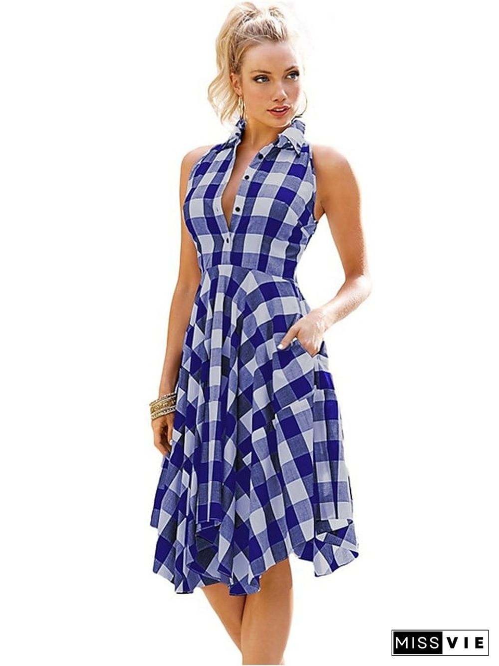 Women Black White Plaid Checks Dress Sleeveless Irregular Pleated Shirt Dress S