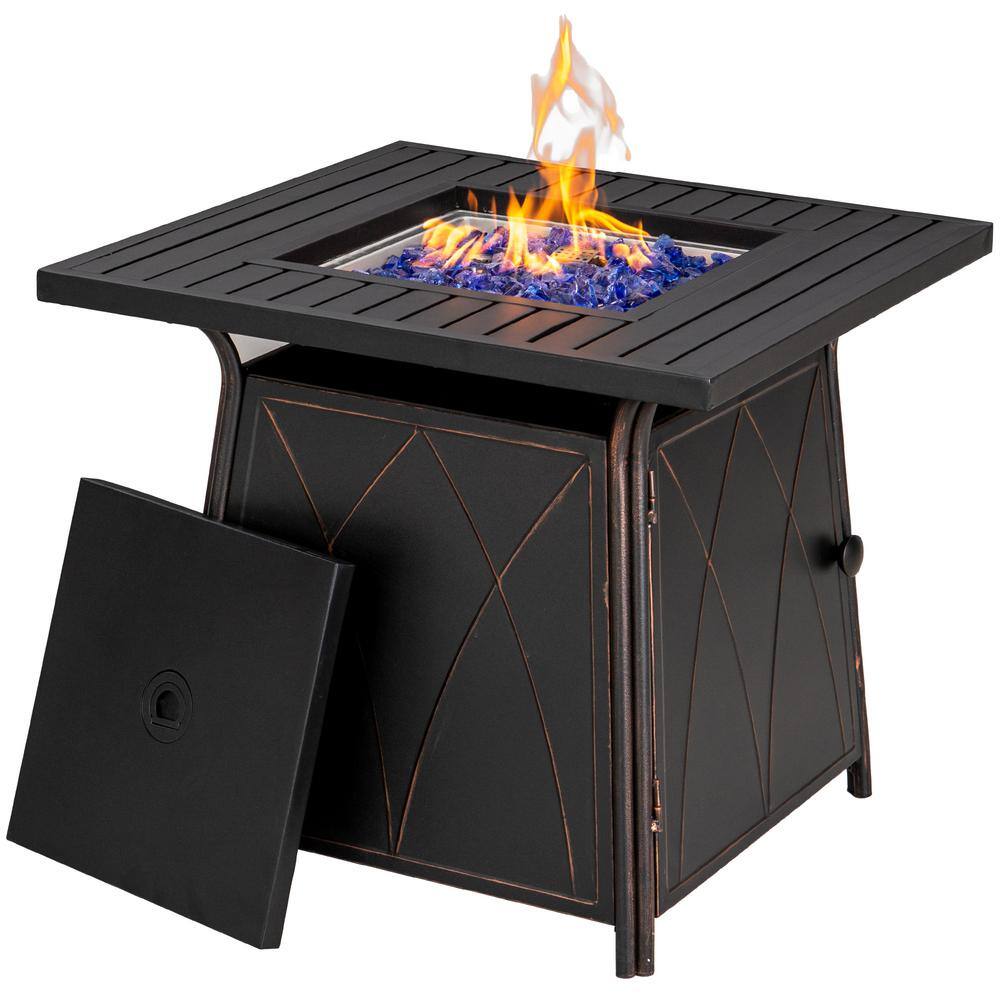 PHI VILLA 28.3 in. x 24.8 in. 50000 BTU Square Metal Gas Fire Pit Table with Lid and Blue Fire Glass THD-E02GS001