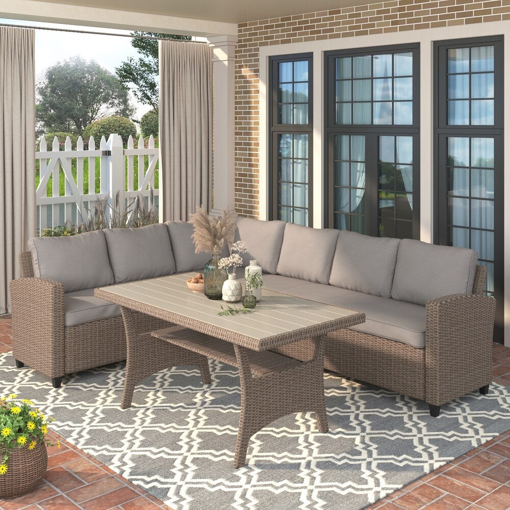 Outdoor Furniture PE Rattan Wicker Conversation Set  Weather Sectional Sofa Set with Table   Soft Cushions