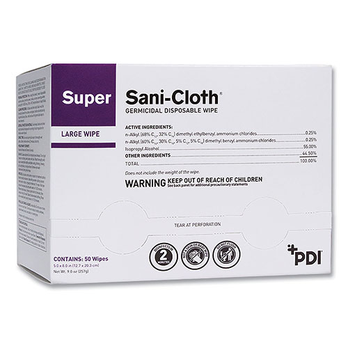 Sani Professional Super Sani-Cloth Individually Wrapped Germicidal Disposable Wipes | Large， 5 x 8， Unscented， White， 50