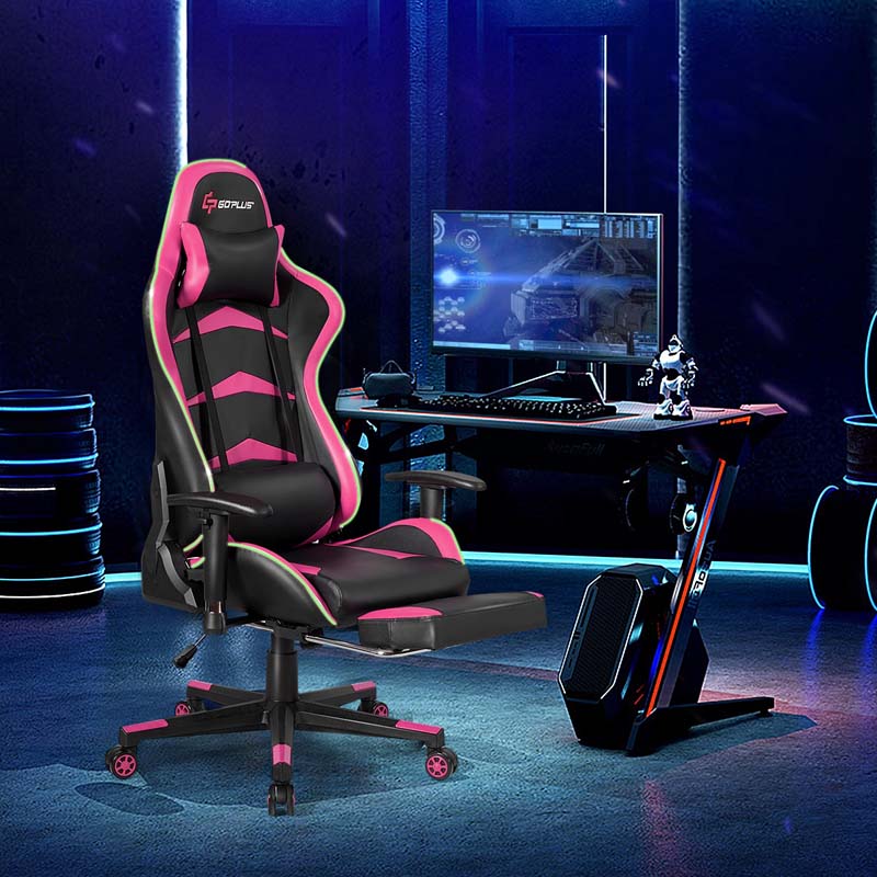 LED Massage Gaming Chair, Height Adjustable Racing Computer Office Chair with Footrest, Ergonomic High Back PU Swivel Game Chair