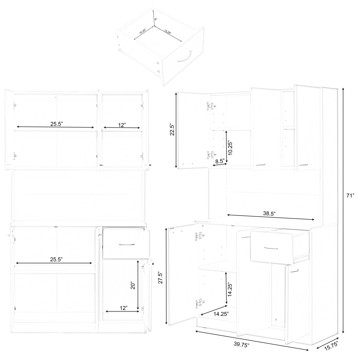 Wooden Kitchen Pantry Storage Cabinet with Drawer， Doors and Shelves， White