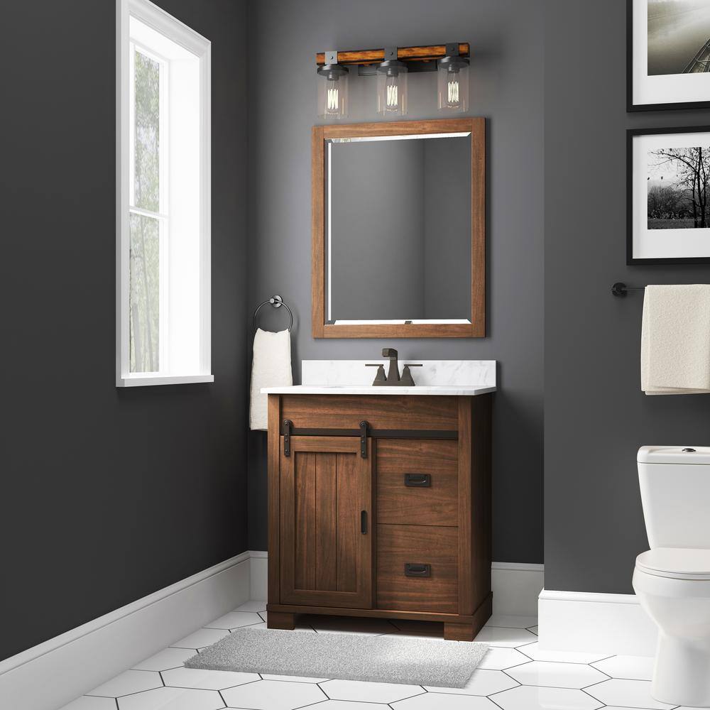 Glacier Bay Brindley 30 in.W x 21 in. D x 34.5 H Barn Door Bath Vanity in Dark Walnut with Engineered Stone Top HDBD30VJ