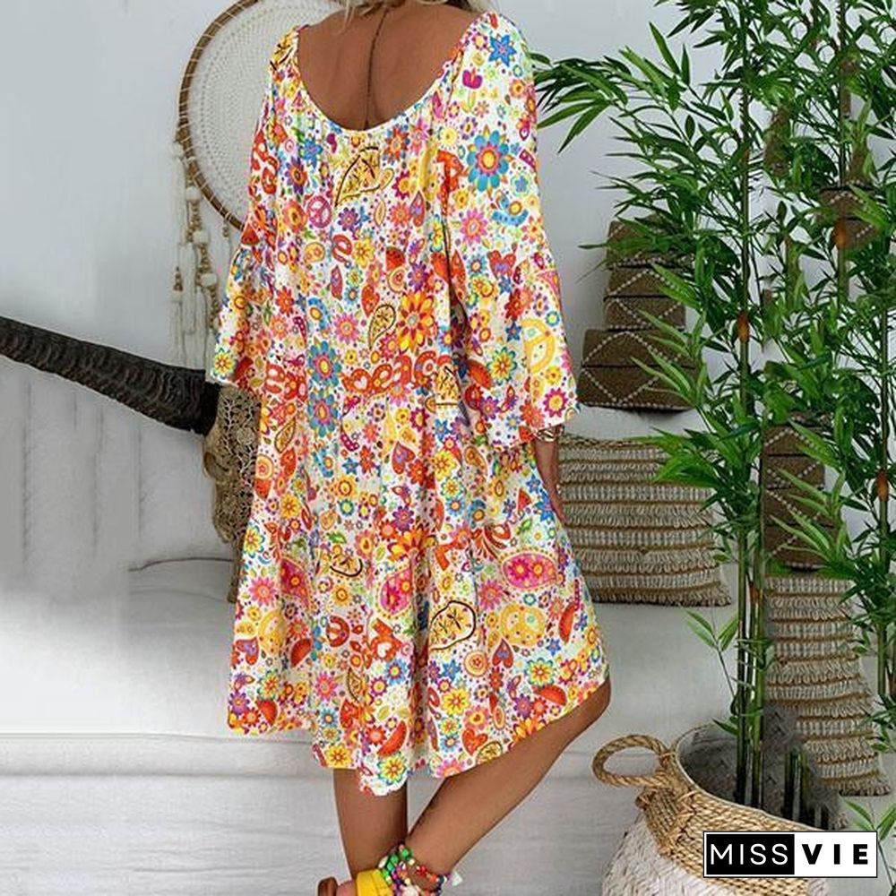 Short Sleeve Printed V Neck Loose Dress