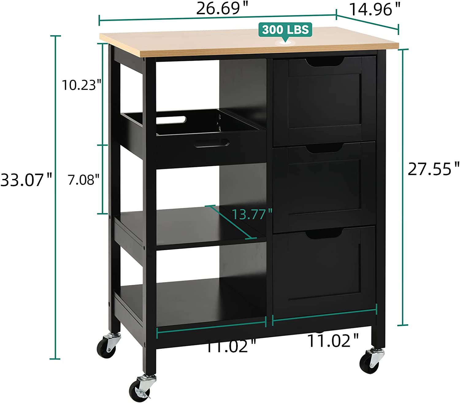 DWVO Mobile Rolling Kitchen Island Cart with Cabinet and Drawers and Towel Bar with 3 Drawers and 3 Storage Shelves， Black