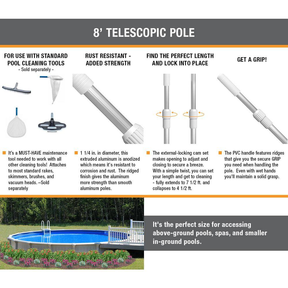 HDX 8 ft. x 1 14 in. Diameter Anodized Aluminum Telescopic Swimming Pool and Spa Pole with External Cam Set 61308