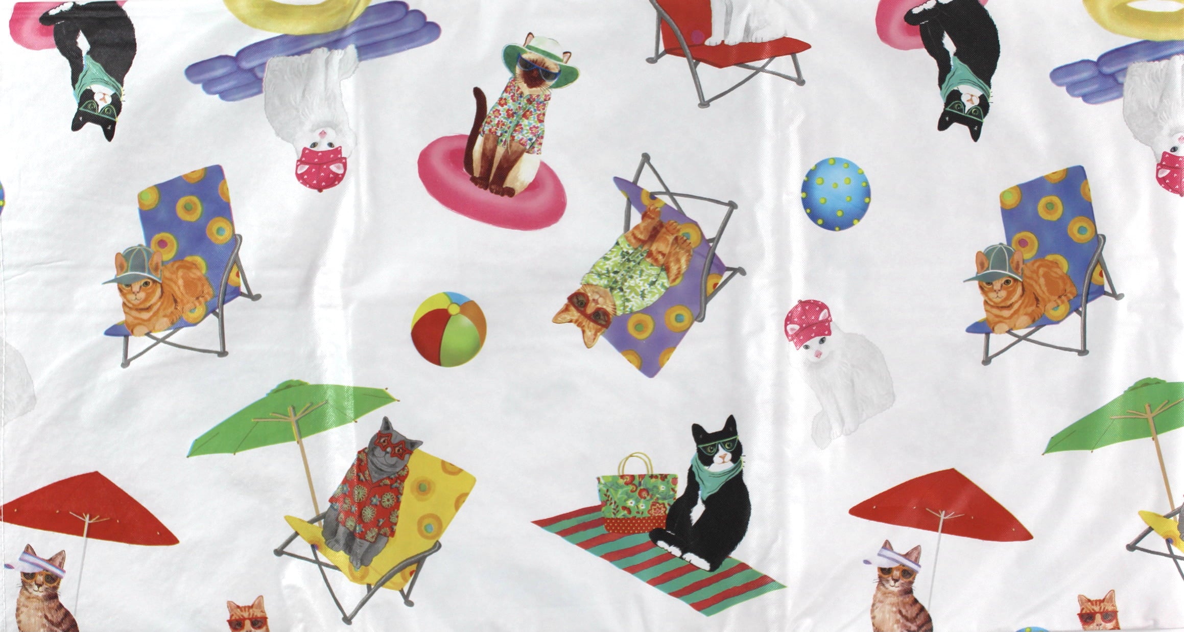 Summer Fun Beach Cats Vinyl Flannel Back Tablecloth: Silly Cats Decked Out Having Fun at the Beach with Umbrellas Beach Balls and Relaxation 60" inch Diameter Round