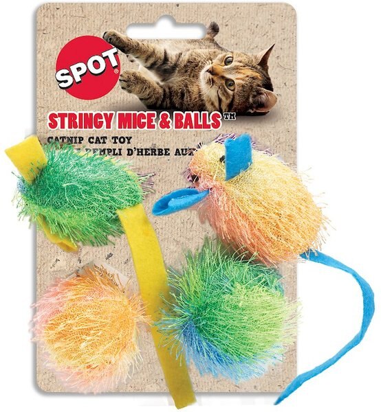 Ethical Pet Stringy Mice and Ball Cat Toy with Catnip， 2-in， 4 pack