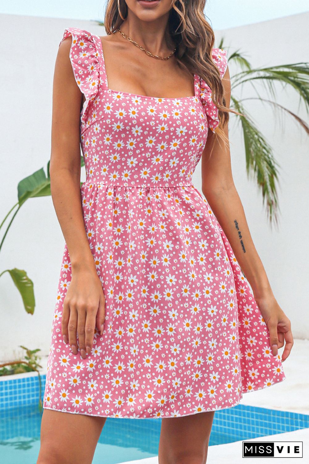 Floral Daisy Backless Strappy Dress Wholesale