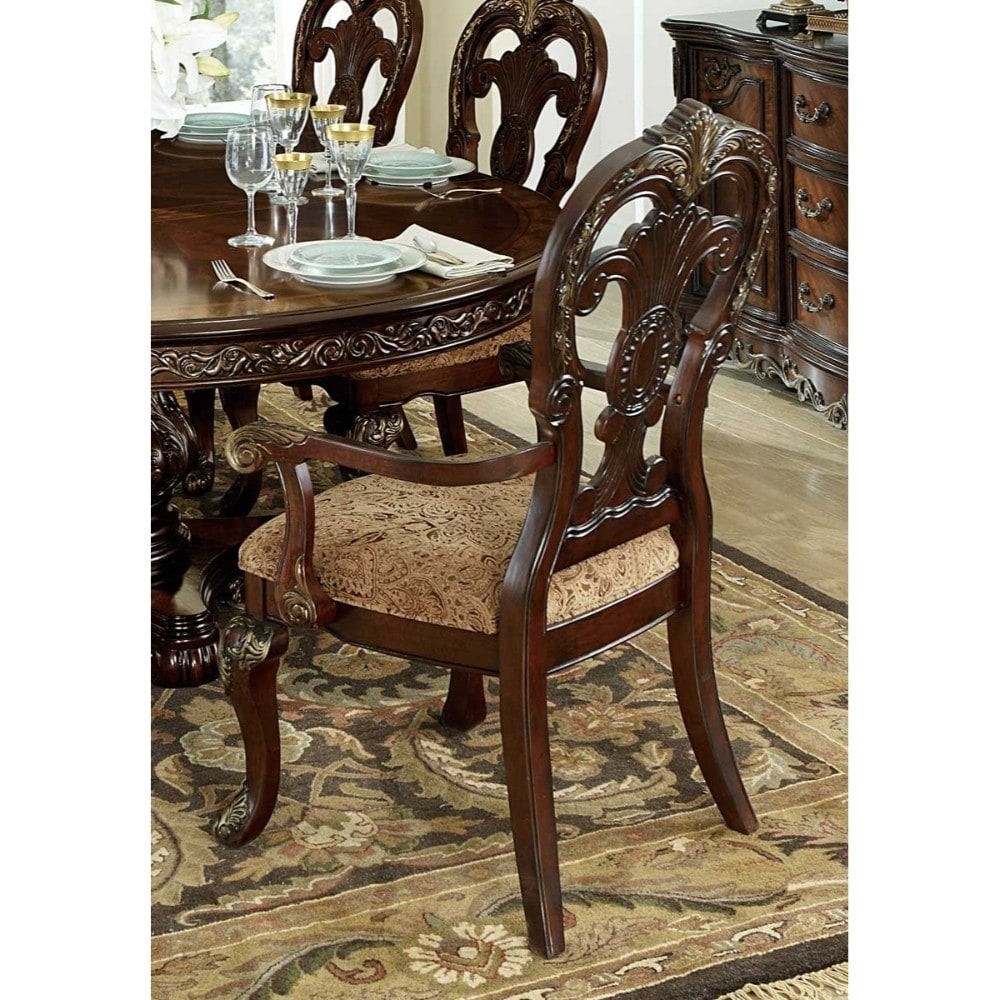 Wood-Fabric Arm Chair with Deep Engraved Design， Brown and Beige (Set of 2)