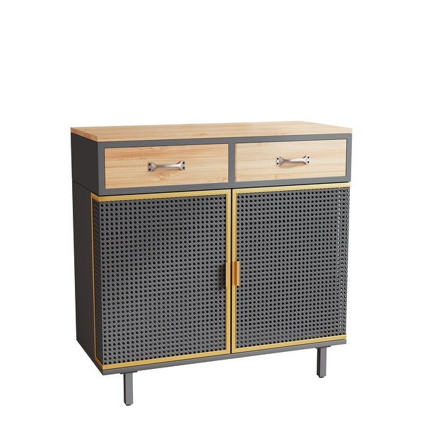 2 Drawer Sideboard Modern Closed Cabinet Furniture Decor， Made with Iron + Carbonized Bamboo for Living Room， Easy Assembly