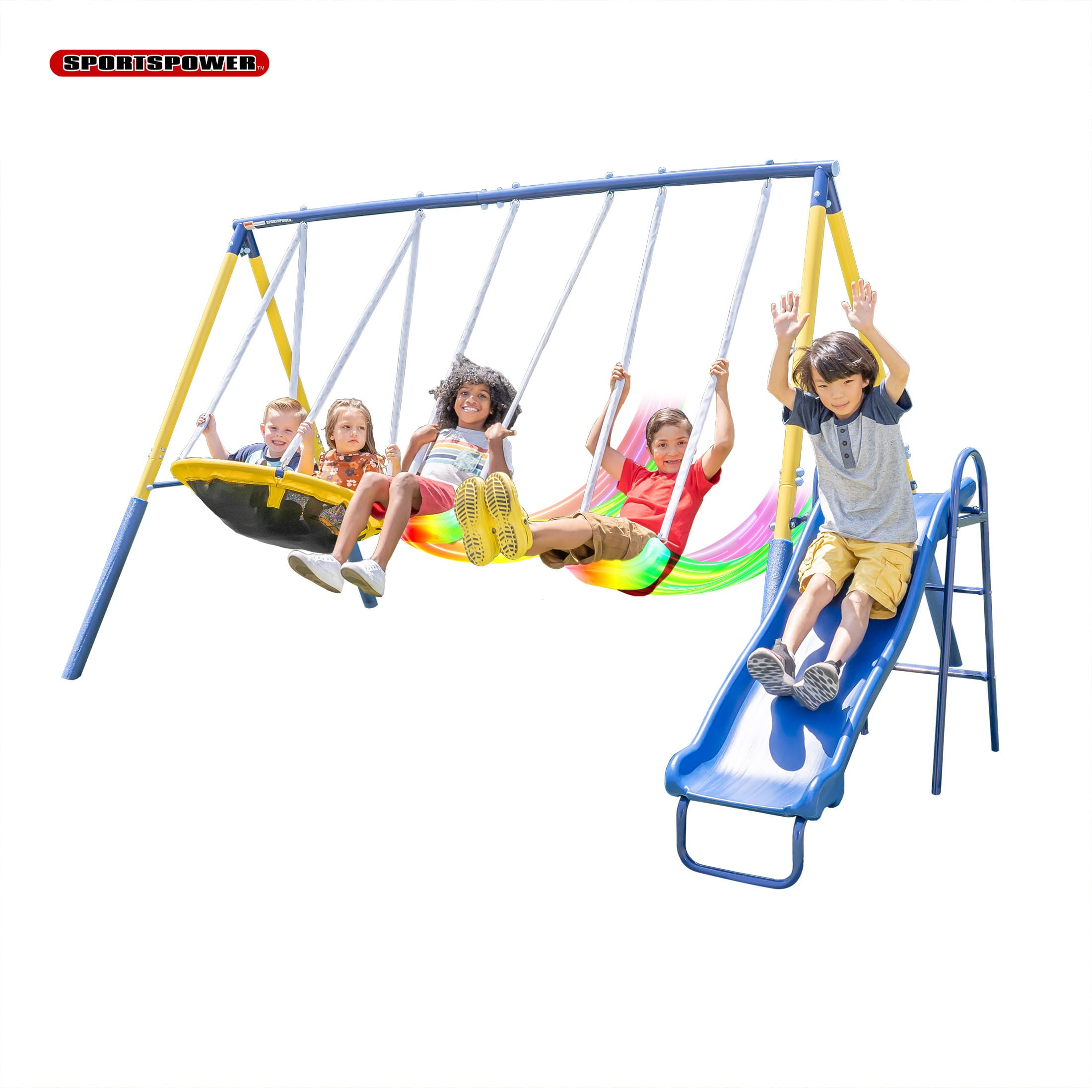 Sportspower Starlight Metal Swing Set with 2 LED Swings， Saucer Swing， 5ft Slide and Anchor Kit