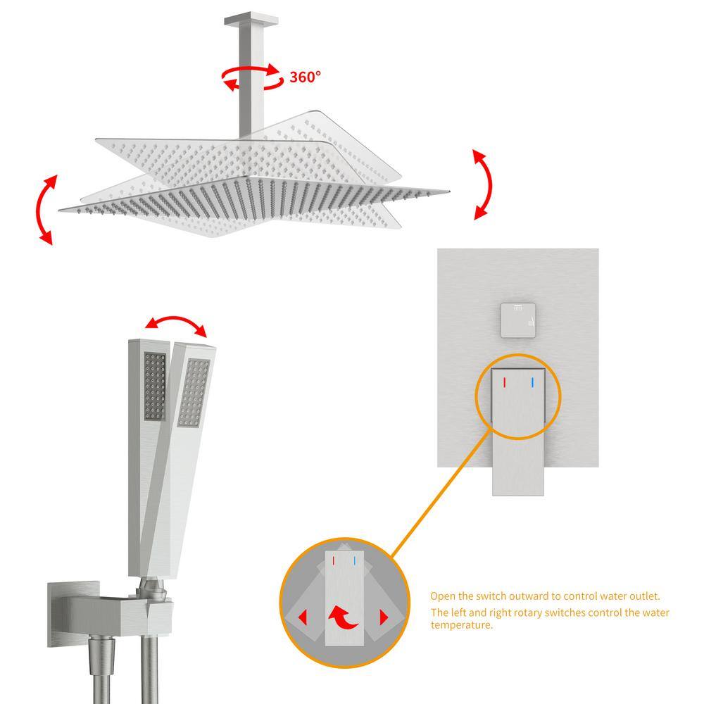 INSTER AIM 1-Spray 16 in. Square Ceiling Mount Rainfall Shower Head and Fashion Hand Shower in Brushed Nickel (Valve Included) HDGS0001XB16N