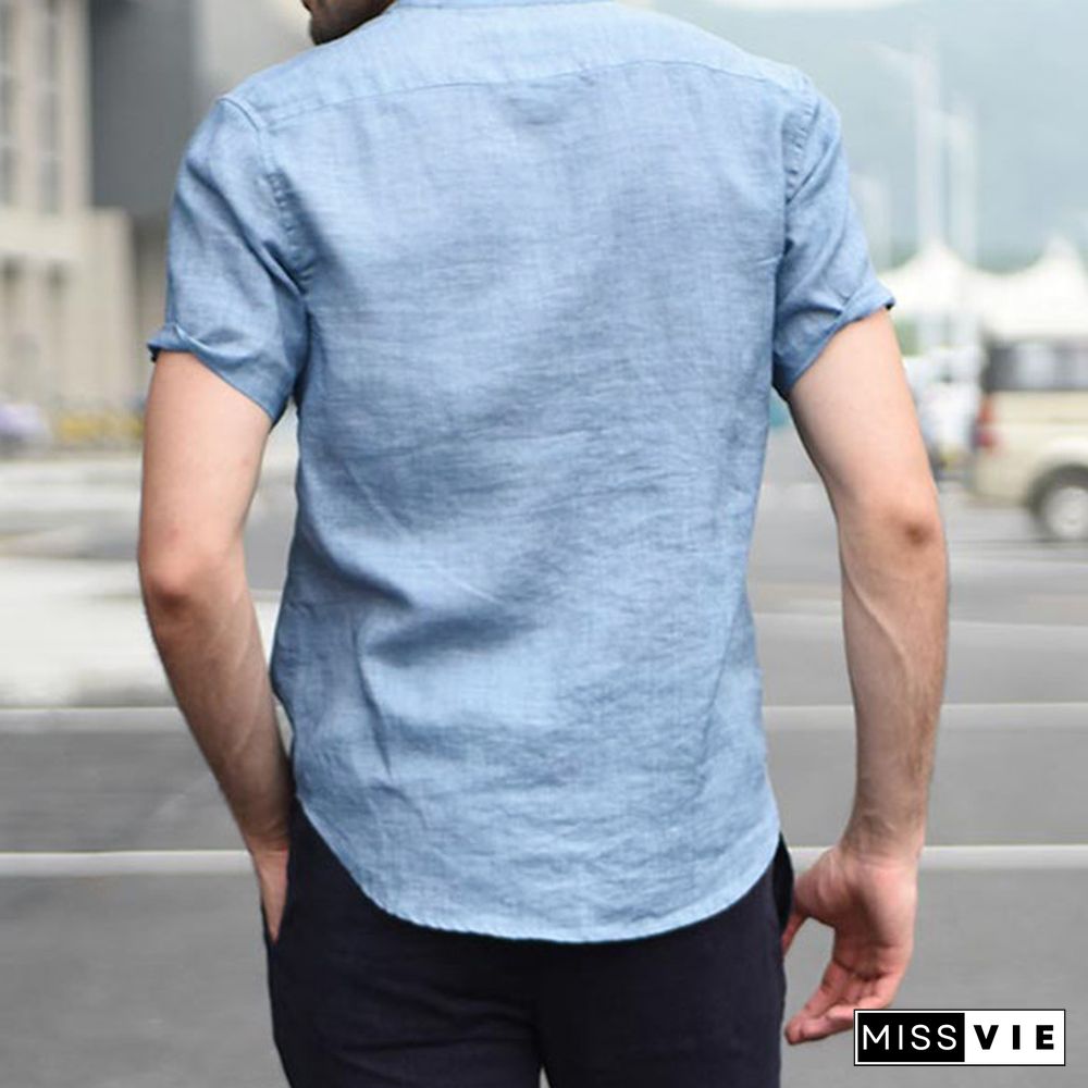 Short Sleeve Men Shirt Stand Collar Streetwear Tops Linen