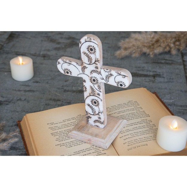 White Floral Wood Cross Decorative Tabletop Accent Foreside Home amp Garden