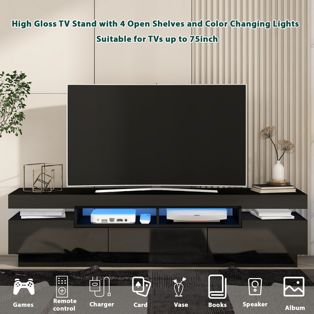 Modern White TV Stand High Gloss Entertainment Center with 4 Open Shelves for 75\