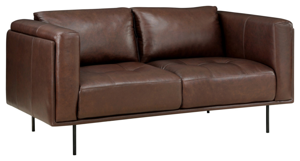 Sen 63 quotLow Back Tufted Loveseat  Brown Top Grain Leather  Metal Legs   Midcentury   Loveseats   by VirVentures  Houzz