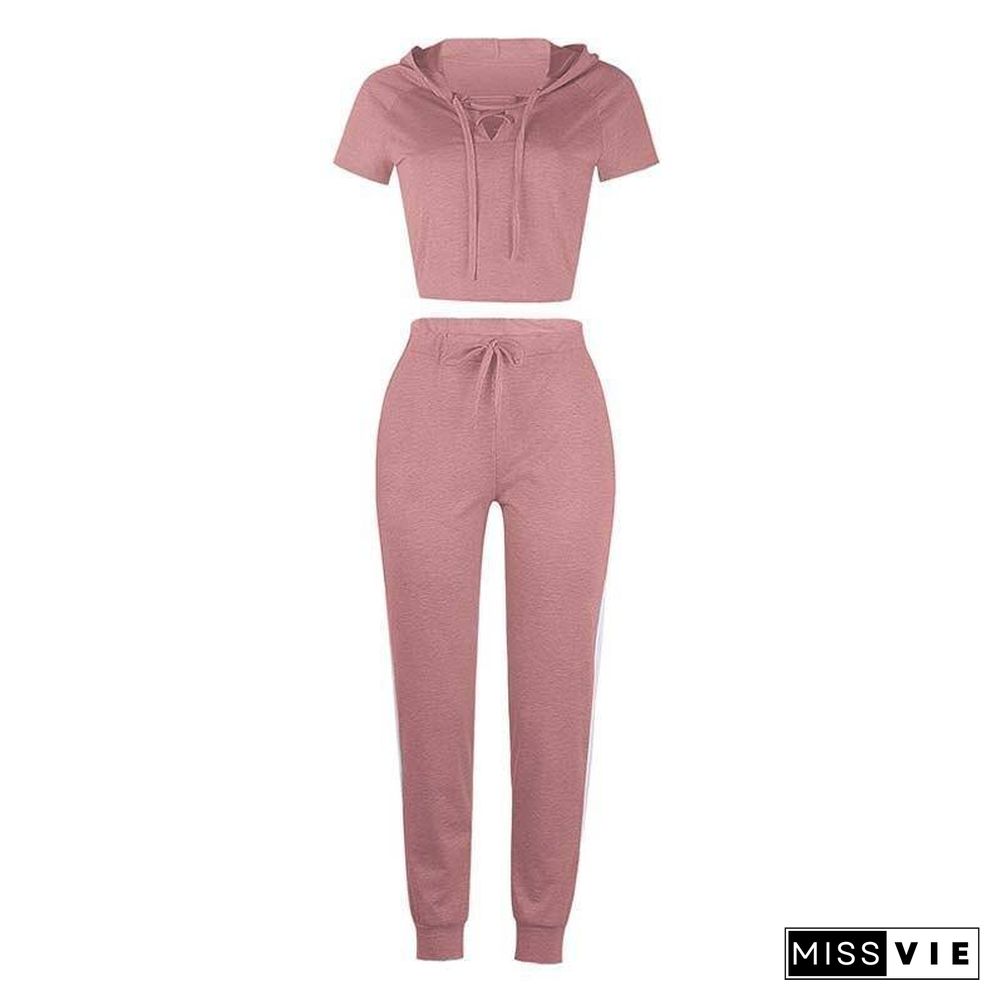 Summer 2 Piece Set Women Sexy Bandage Two Piece Set Top and Pants Long Pants Suit Female Short Sleeve Crop Tops Tracksuit