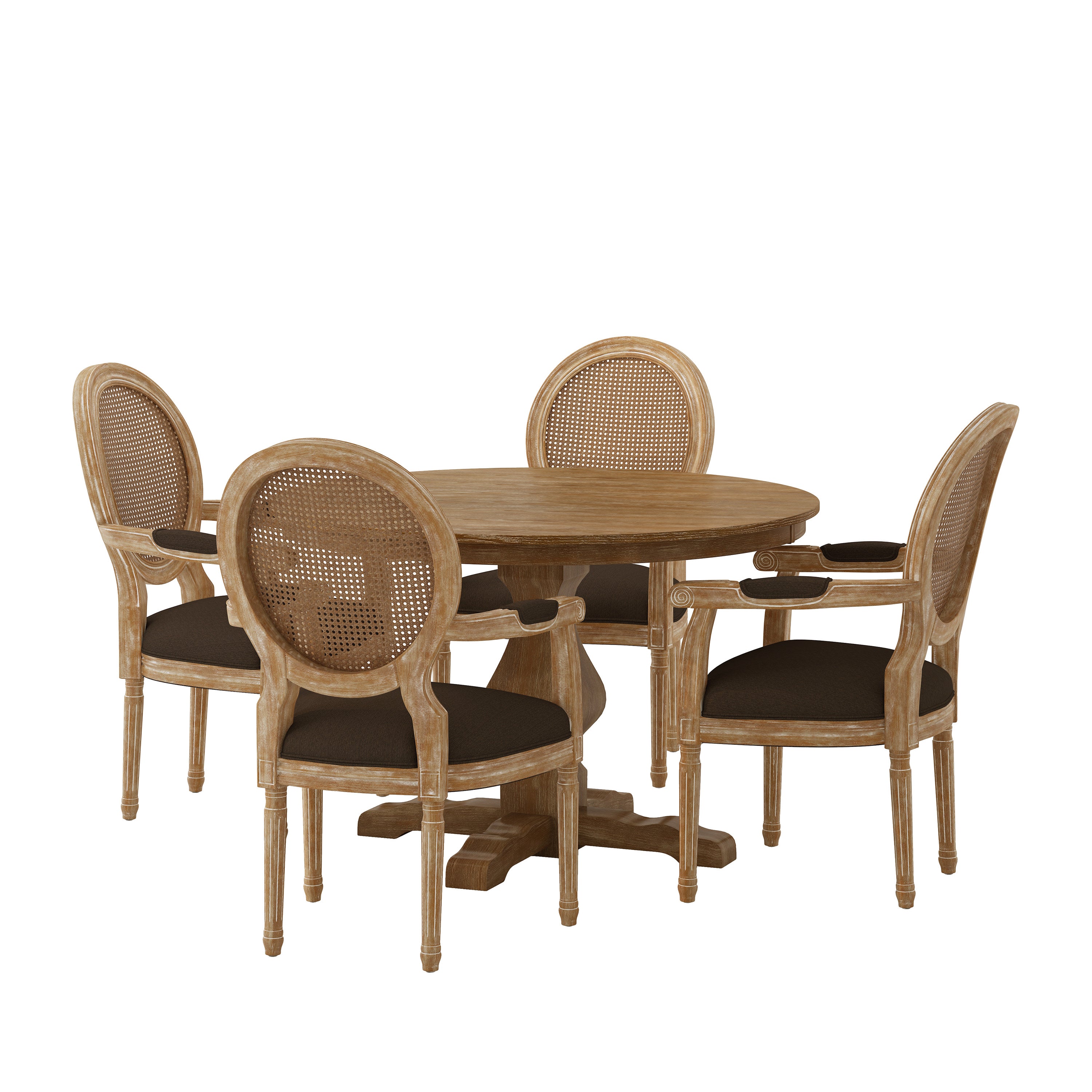 Bryan French Country Fabric Upholstered Wood and Cane 5 Piece Circular Dining Set