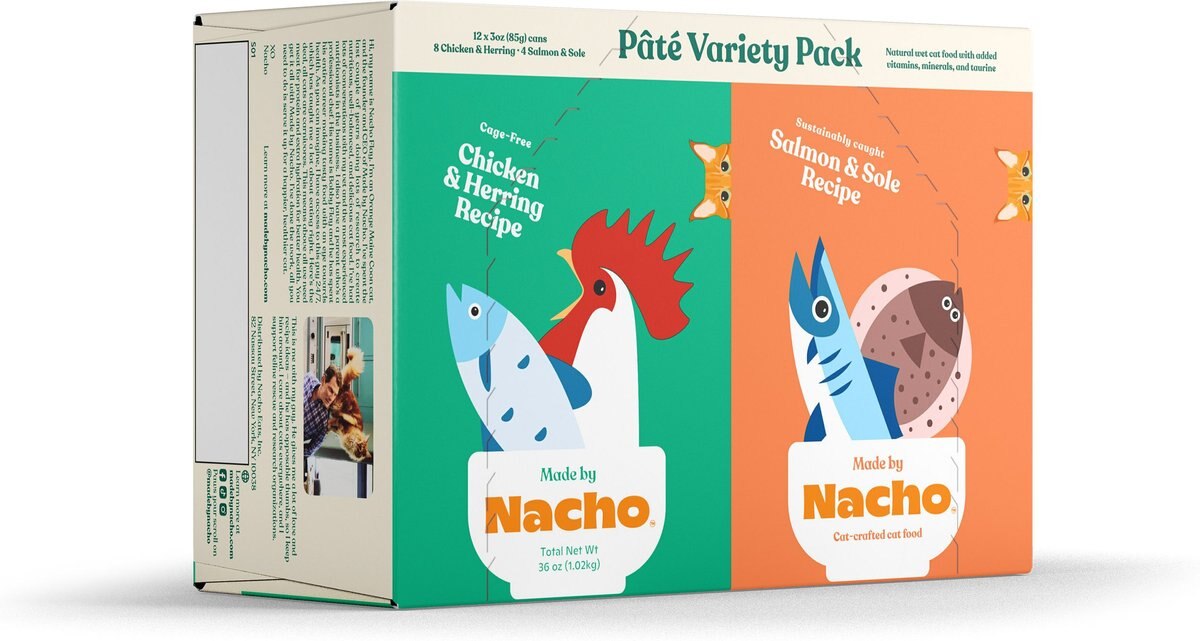 Made by Nacho Chicken， Herring and Salmon Variety Pack Grain-Free Pate Wet Cat Food， 3-oz can， case of 12