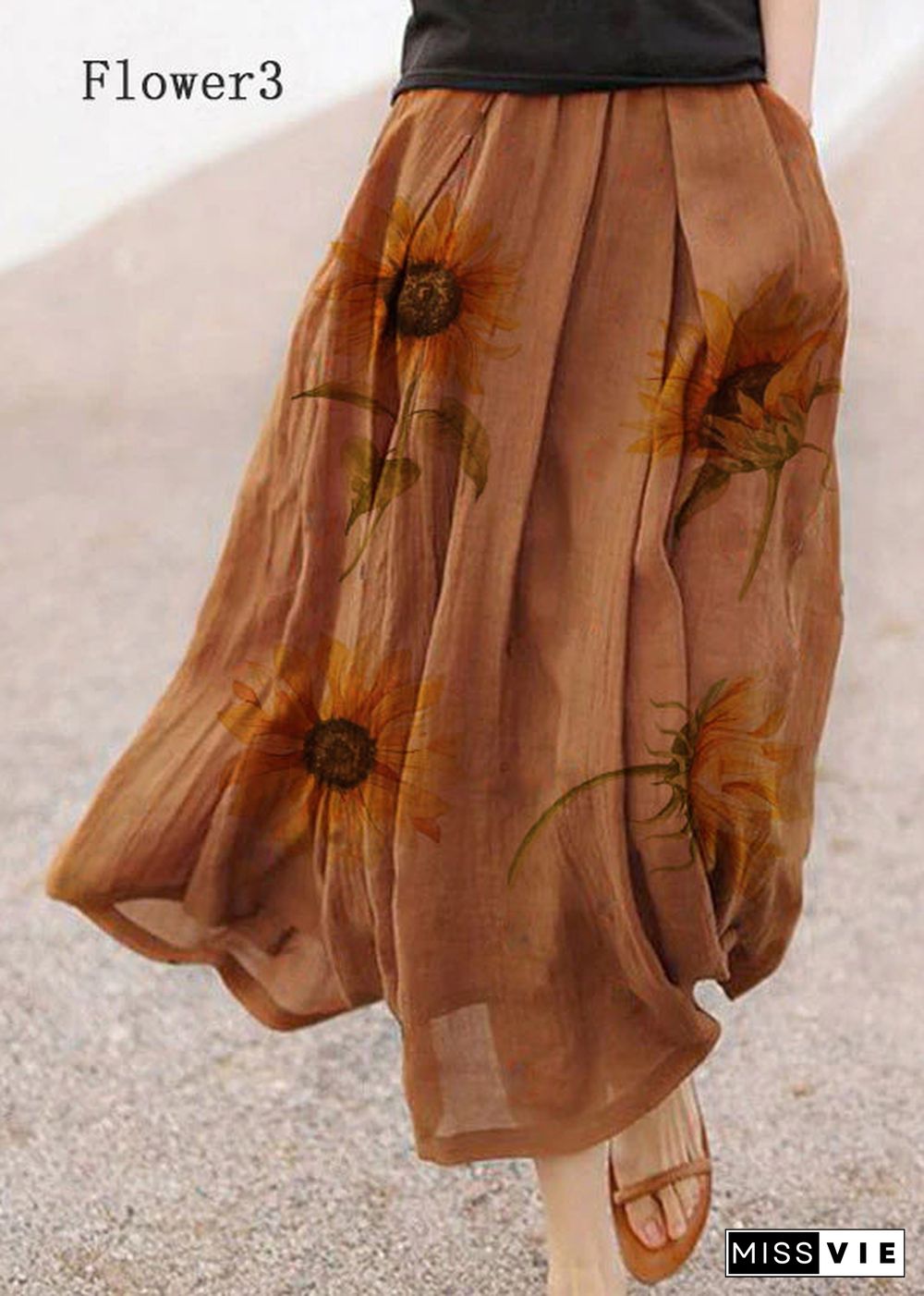 Retro Chocolate-Flower3 Print Pockets Linen Skirt Summer