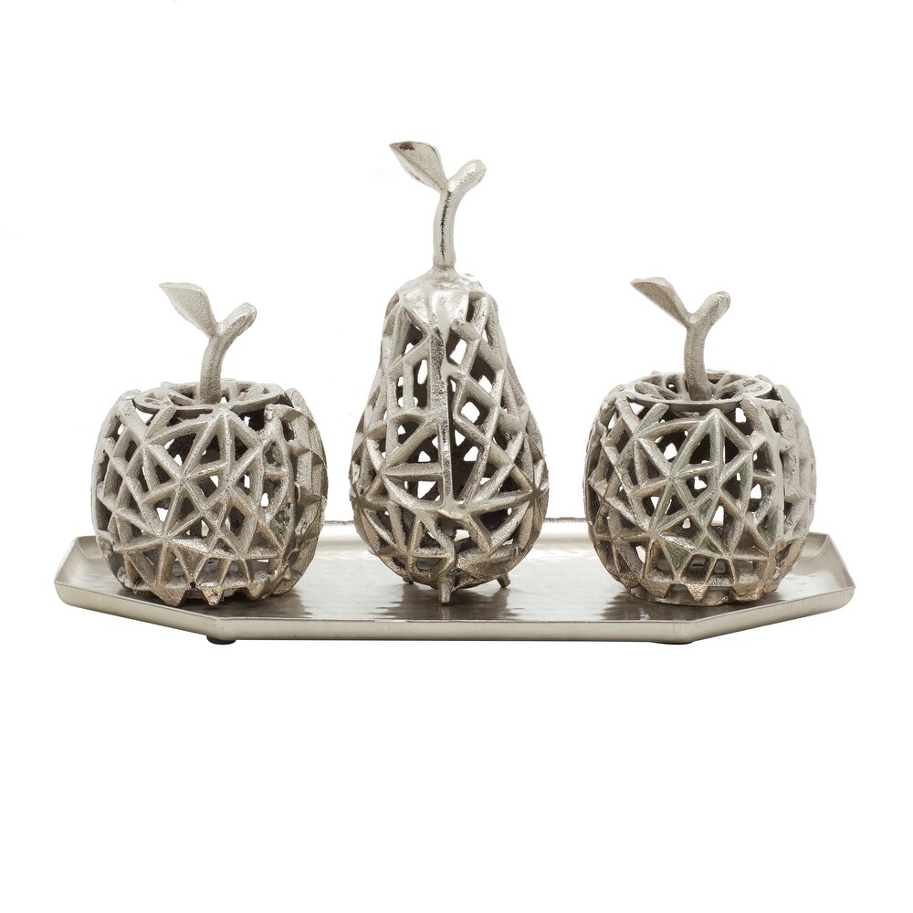 Silver Aluminum Decorative Cut Out Fruit Sculpture with Platter   14 x 8 x 8