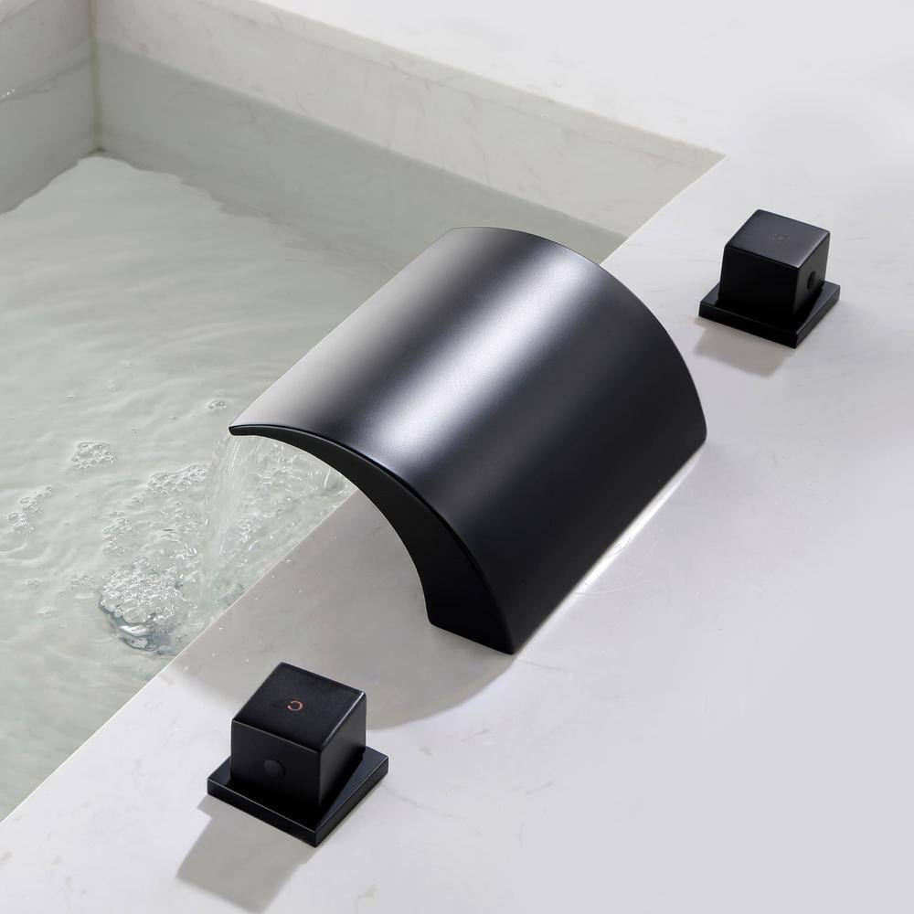 FLG 2-Handle Tub Deck Mount Roman Tub Faucet in Brass Waterfall Bathtub Filler Matte Black SS-0141-MB