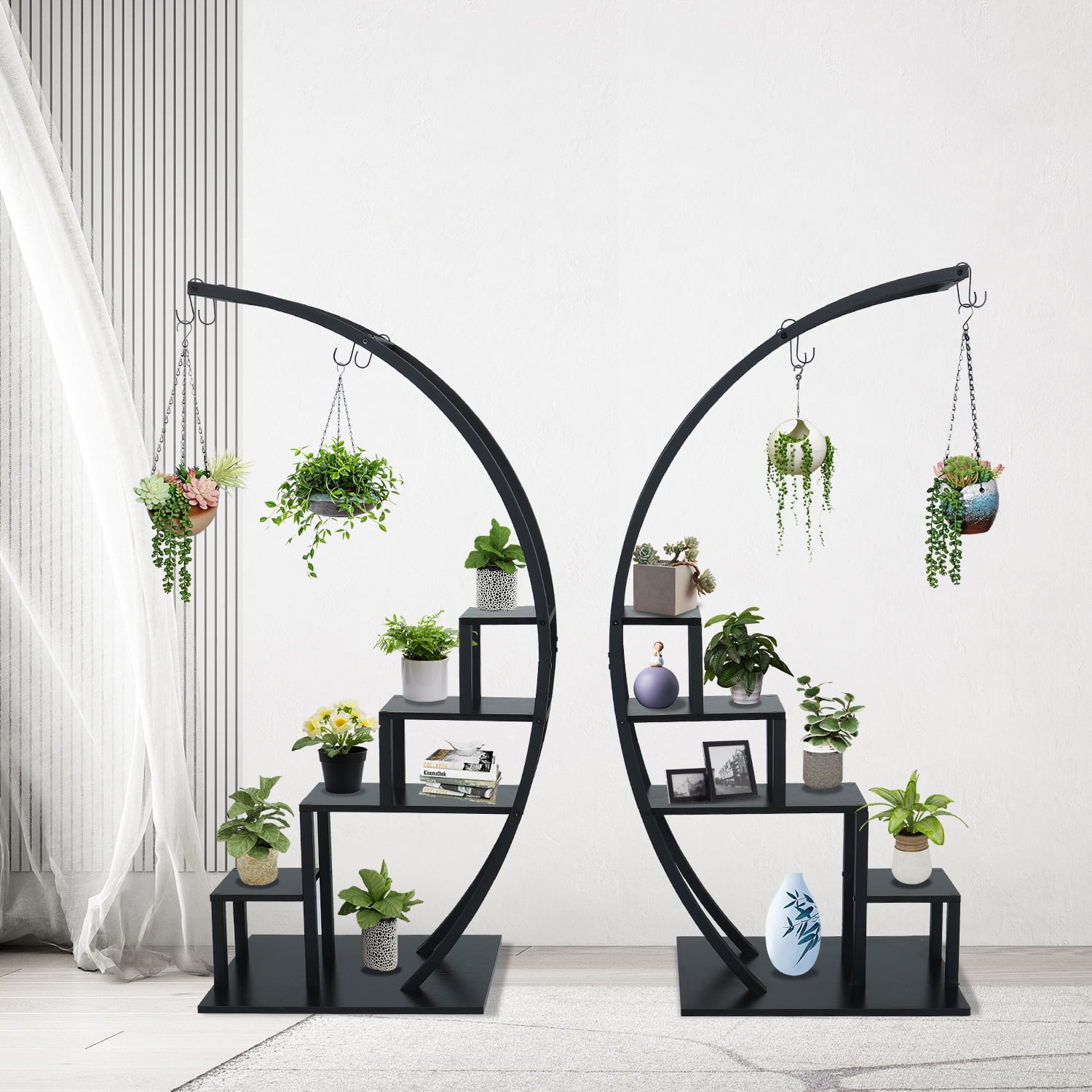 ELECWISH Large Plant Stand Creative 5 Tier Ladder Flower Pot Stand Rack with 8 Hooks for Home Patio Lawn Garden Balcony Holder, Black(2 Pack)