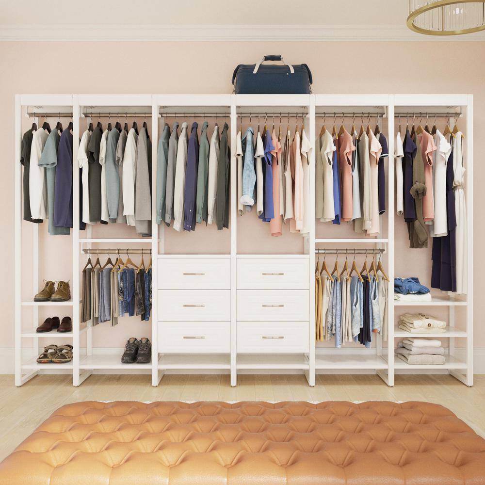 CLOSETS By LIBERTY 132 in. W White Adjustable Wood Closet System with 16-Shelves 6-Rods and 9-Drawers HS47557-RW-11