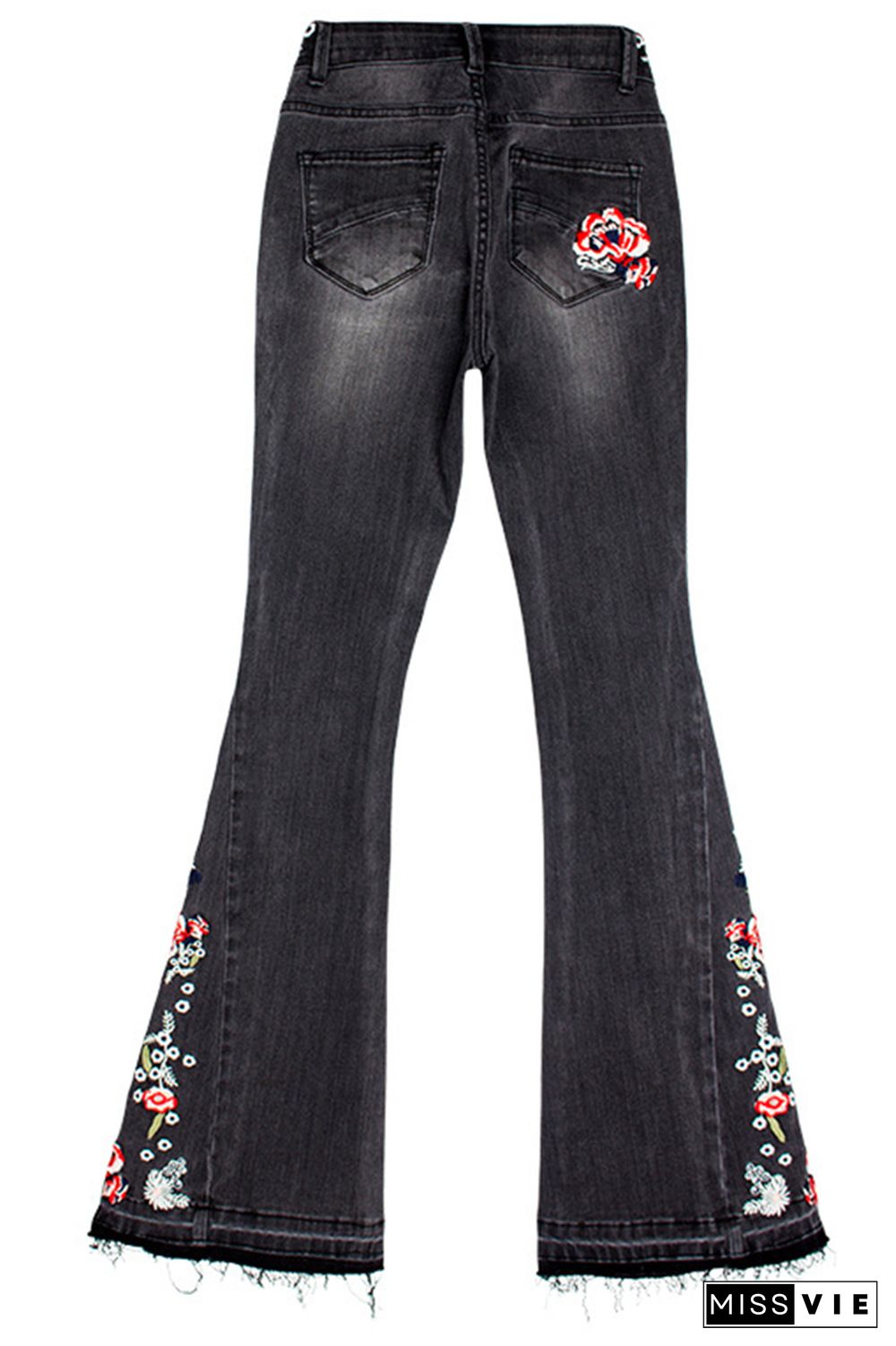 Black Bleach Embroidered Side Bell Bottom Flared Jeans Wholesale Boutique