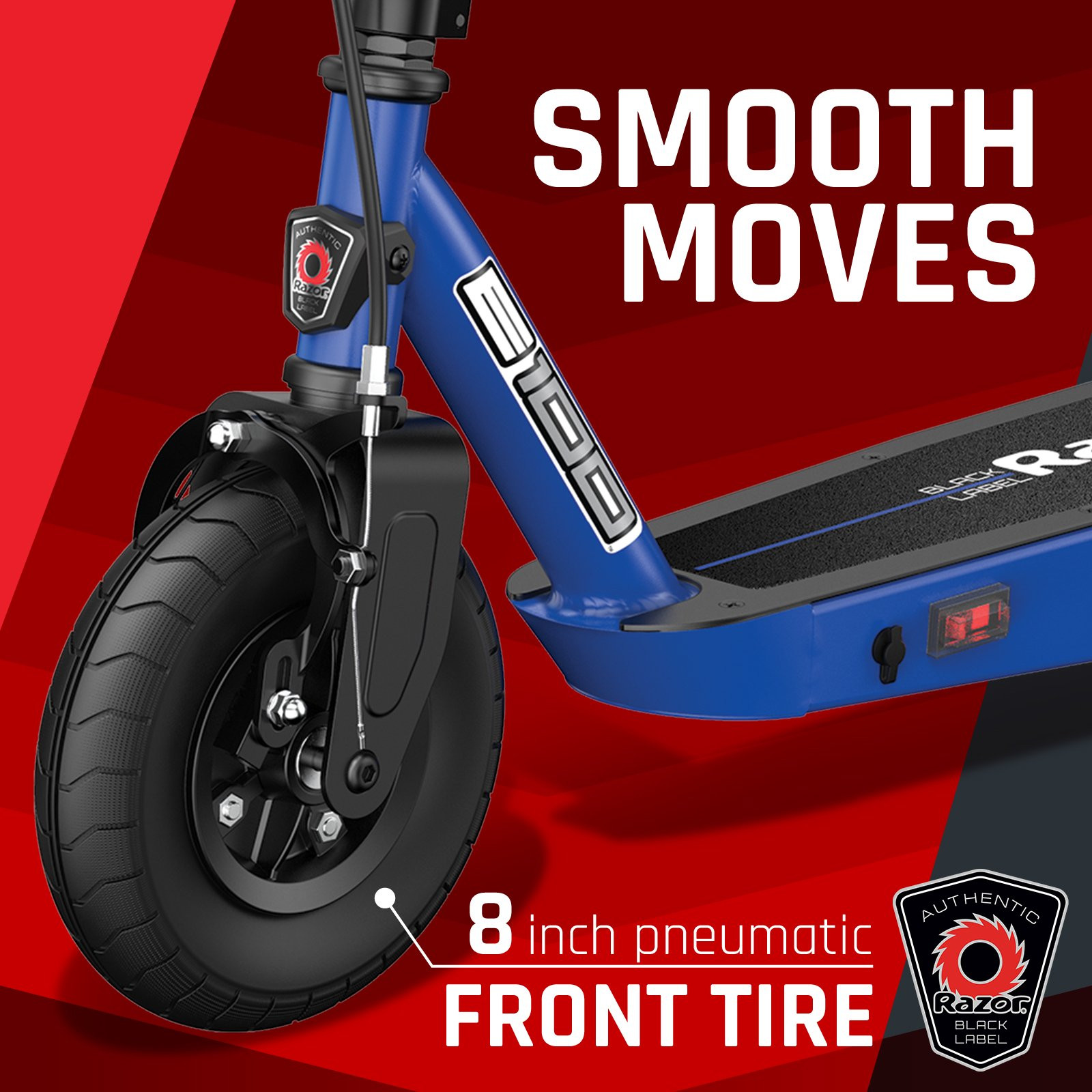 Razor Black Label E100 Electric Scooter, 8′′ Pneumatic Front Tire, 90W Power Core High-Torque Hub Motor, Blue
