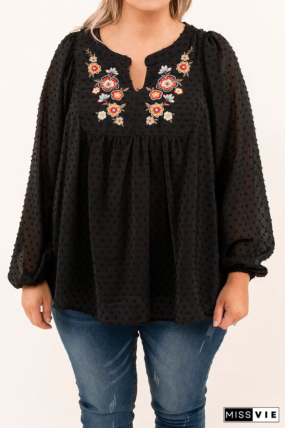 Black Embroidered Swiss Dot Texture Plus Size Blouse