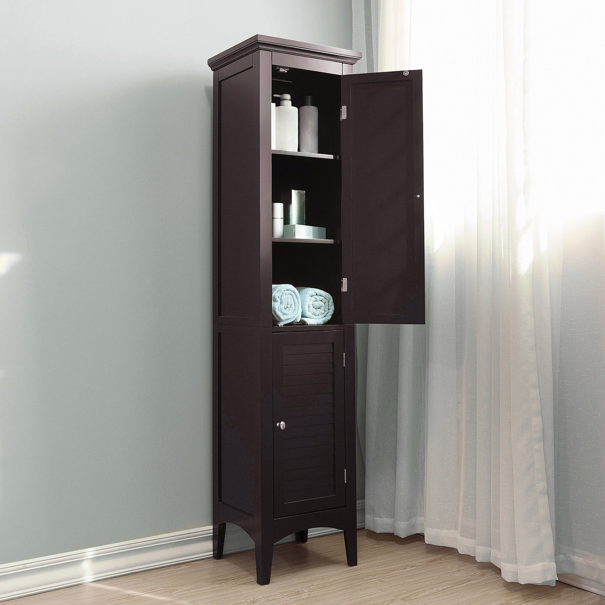 Teamson Home Glancy Wooden Tall Tower Cabinet with Storage with 5 Tier Shelves, Dark Brown